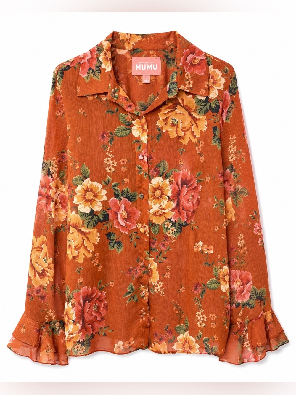 Show Me Your Mumu Floral Boho Cottagecore Ruffle Sleeve Sheer Blouse-Large